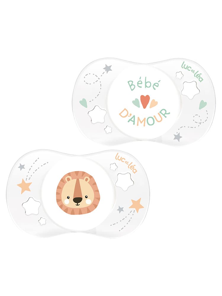 Luc et Léa Essentiel Naissance 2 Sucettes Anatomiques 0-2 Mois - Modèle : Bébé d'Amour et Lion