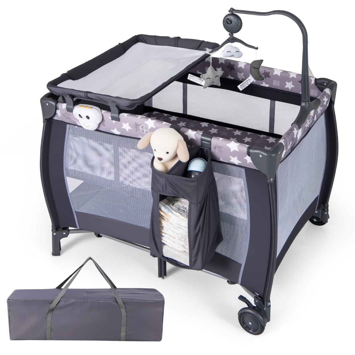 Costway3 en 1 Lit Parapluie Bébé avec Matelas & Table à Langer Evolutif avec Boîte à Musique & 3 Jouets Suspendus Charge 15kg pour 0-3 Ans Gris