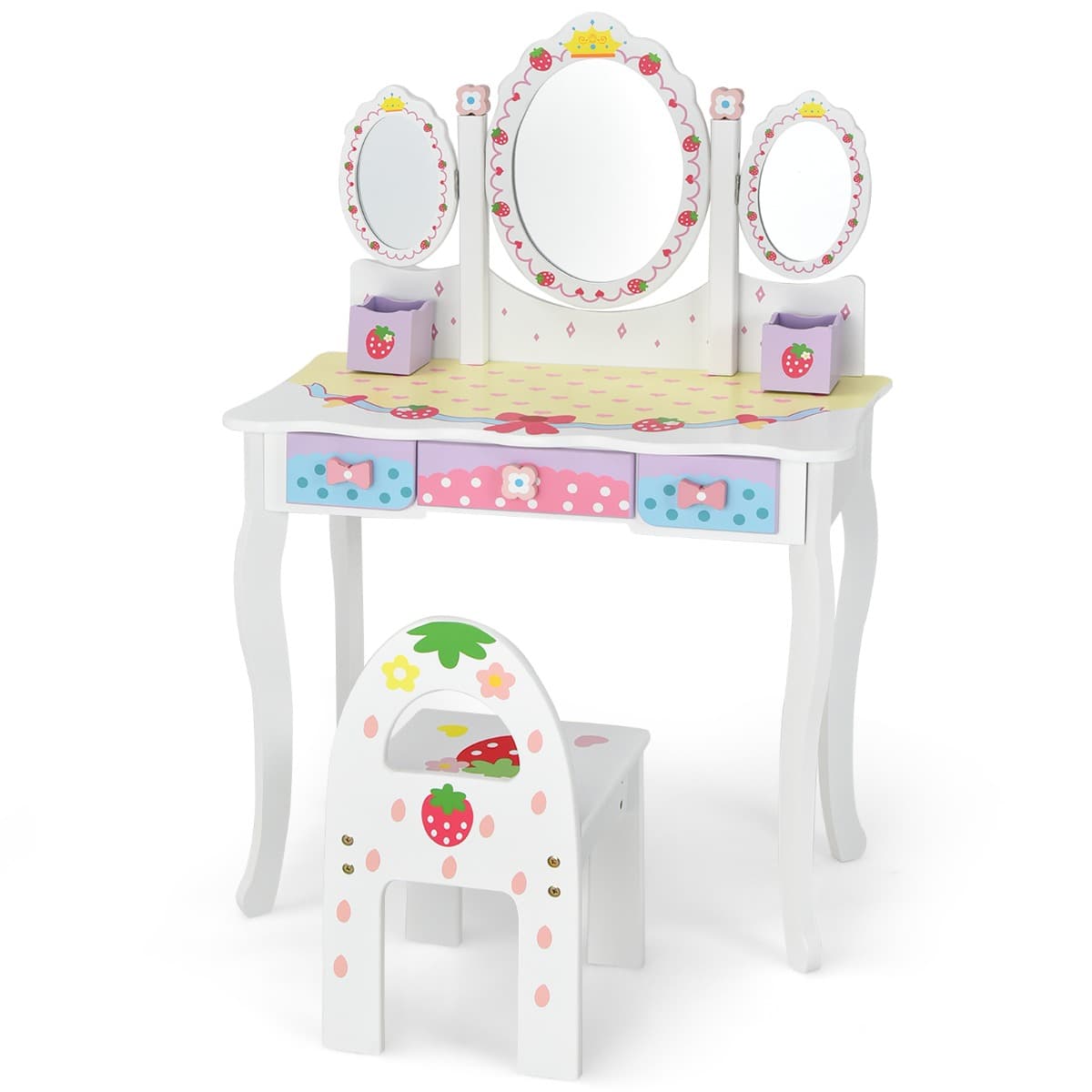 CostwayCoiffeuse 2 en 1 Bureau pour Enfants avec Miroir Amovible 3 Tiroirs 2 Boîtes de Style Princesse pour Filles Blanc