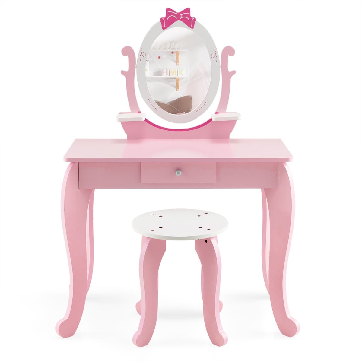 CostwayCoiffeuse Enfant Miroir Rotatif à 360° Tabouret 1 Tiroir et 2 Etagères de Rangement Rose pour Fille 3 7 ans