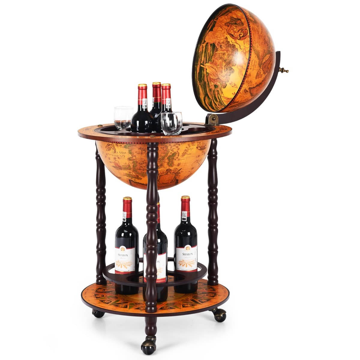 CostwayBar Globe Terrestre Vintage Mappemonde en Bois d'Eucalyptus avec 3 Roulettes et Style Italien du XVIe Siècle 47 x 47 x 90CM