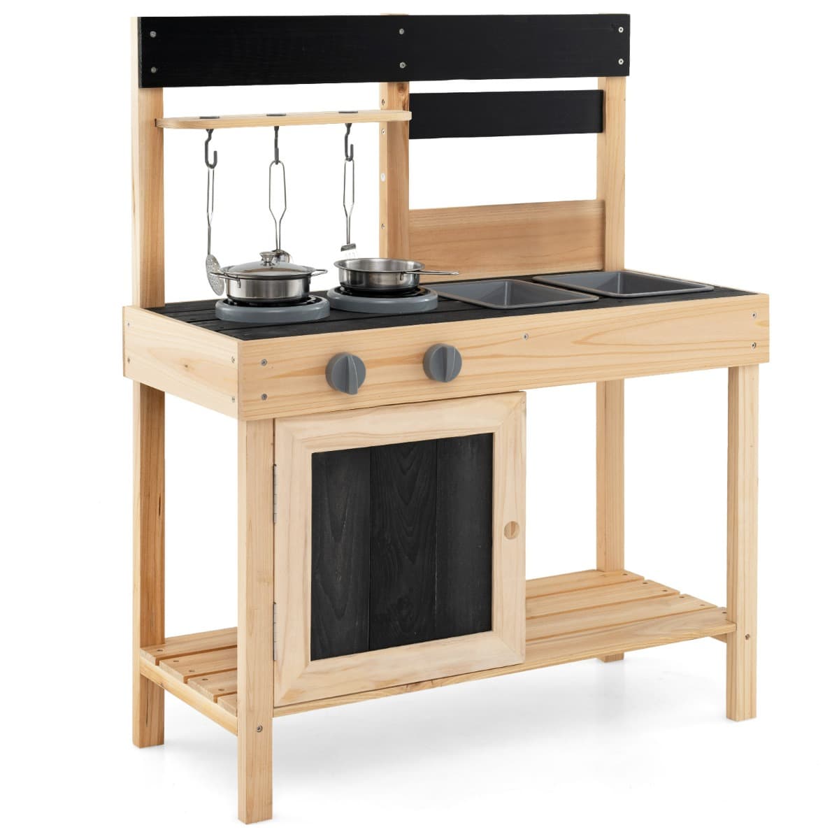 CostwayJeu de Cuisine en Plein Air Cuisine de Boue pour Enfants avec 2 Éviers Amovibles Robinet Cuisinière & Ustensiles de Cuisine Naturel