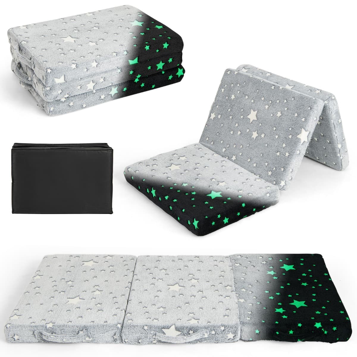 CostwayMatelas de Sol Pliable en 3 Parties pour Enfants Tapis de Sieste Phosphorescent avec Housse Amovible et Lavable en Machine Gris