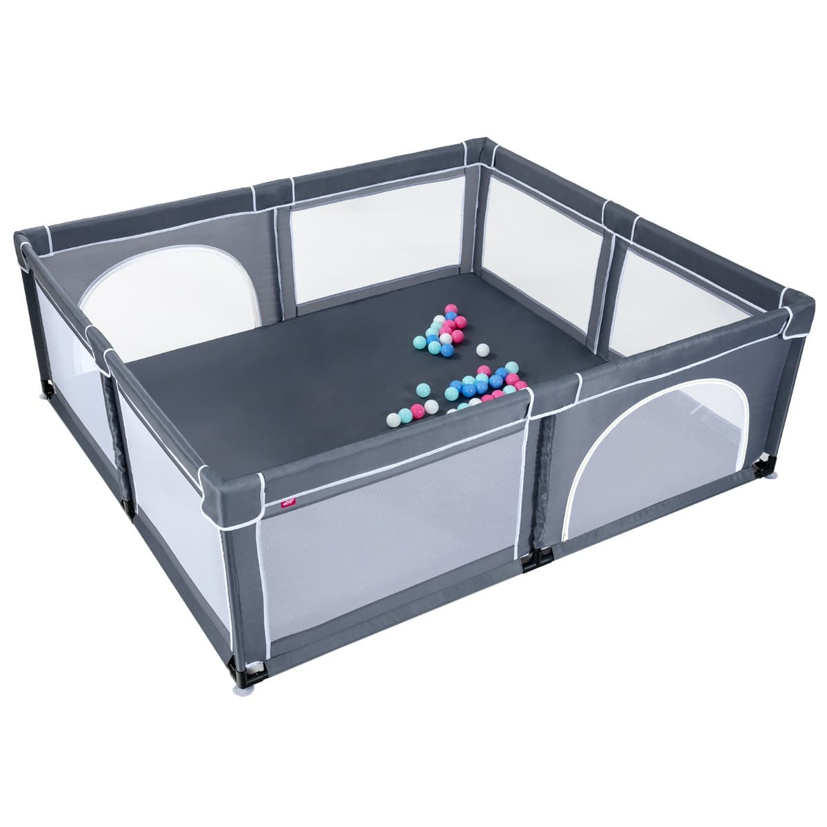 CostwayParc de Jeu pour Bébé Géant avec 50 x balles Porte à Zip Pieds avec Ventouses 206 x 185,5 x 68 CM Gris Foncé