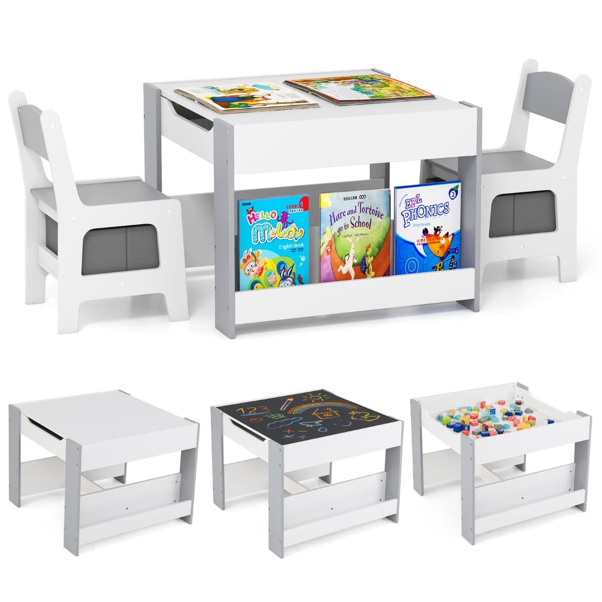 CostwayEnsemble de Table et Chaises pour Enfants 3 PCS Table d'Activités 4 en 1 avec Plateau Réversible Étagères à Livres Gris