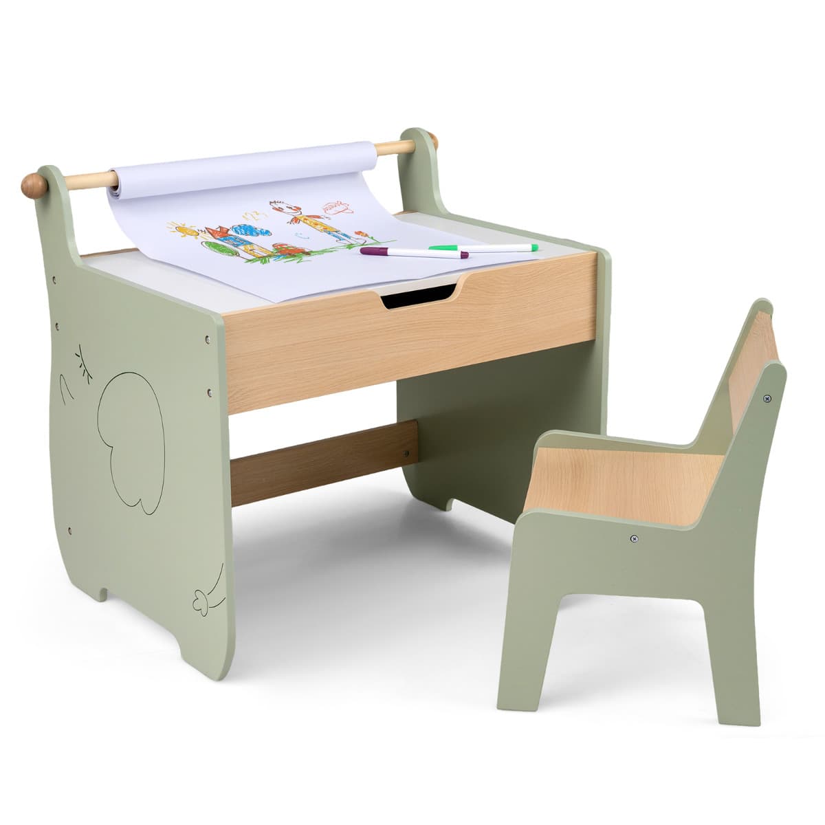 CostwayTable et Chaise pour Enfants Bureau d'Activités en Bois pour Tout-petits Plateau Amovible 2 en 1 Rangement Porte-rouleau de Papier Vert