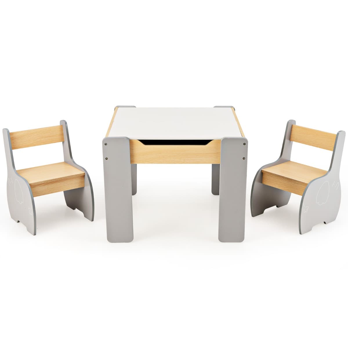 CostwayEnsemble Table et 2 Chaises 3 en 1 pour Enfant, Tableau 2 Face (Noir & Blanc ) avec Fonction de Stockage en Bois Girs