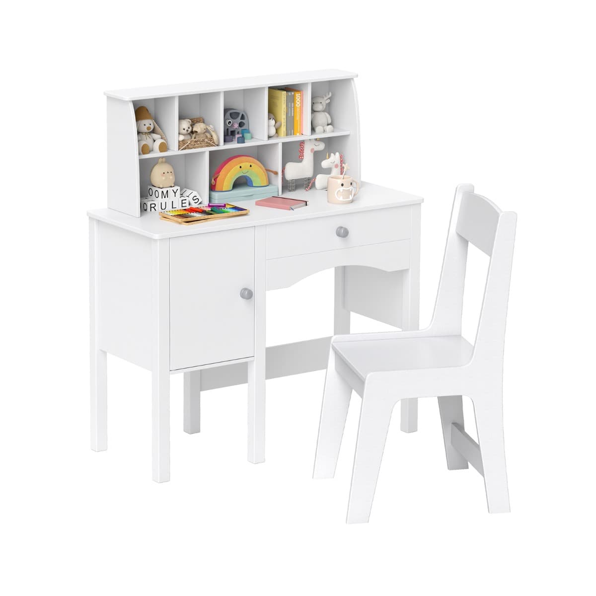 CostwayEnsemble Bureau et Chaise pour Enfants 3 Ans+ Table de Travail en Bois avec Chaise Meuble de Rangement avec Étagère et Cabinet Blanc