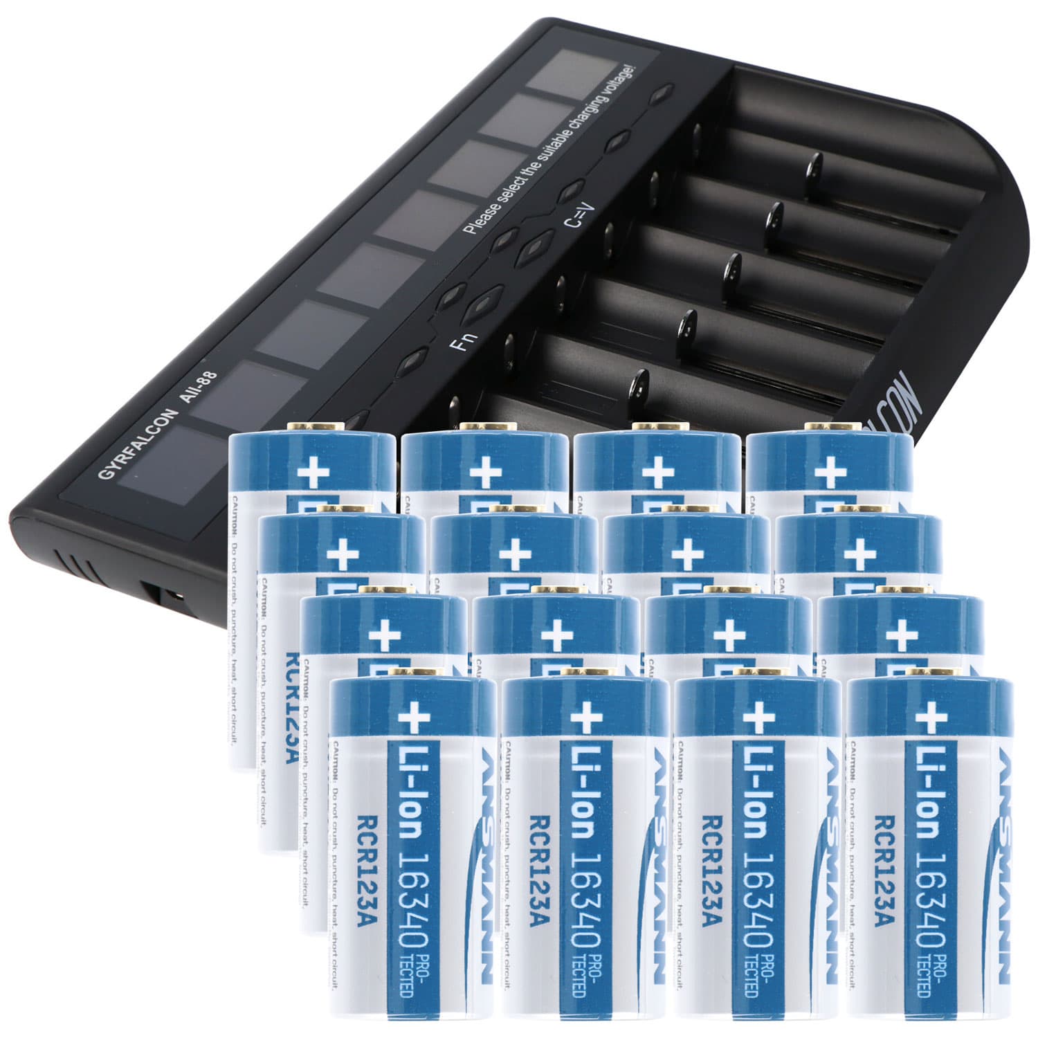 8x chargeur rapide et 16 pièces de batterie Li-ion CR123 A avec 3,7 volts, 760mAh