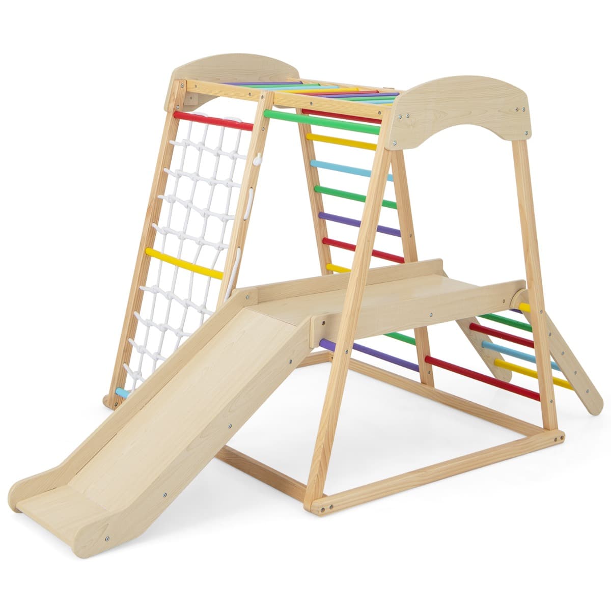 CostwayTriangle d'Escalade 6 en 1 en Bois avec Toboggan et Filet Barre pour Grimper Ramper et Glisser1 An+ Colorée