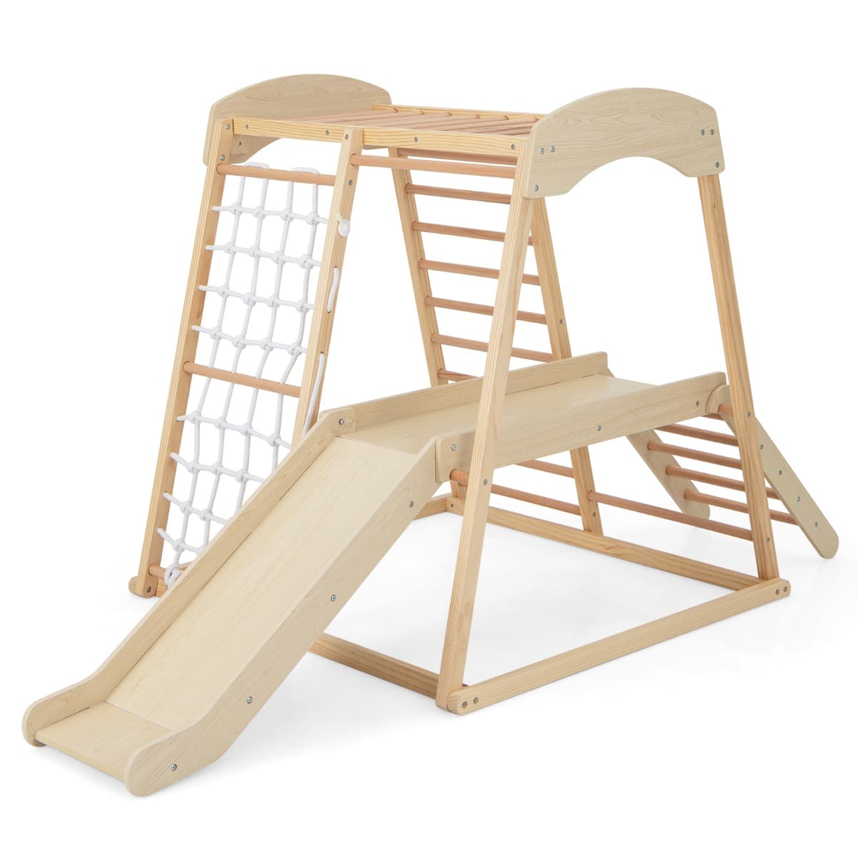 CostwayTriangle d'Escalade 6 en 1 en Bois avec Toboggan et Filet Barre pour Grimper Ramper et Glisser 1 An+ Naturel