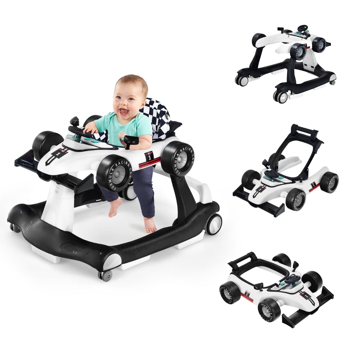 CostwayTrotteur Pliable 4 en 1 Pousseur Hauteur et Vitesse Réglables Boîte à Musique avec Lumière Volant Apparence de Voiture Blanc