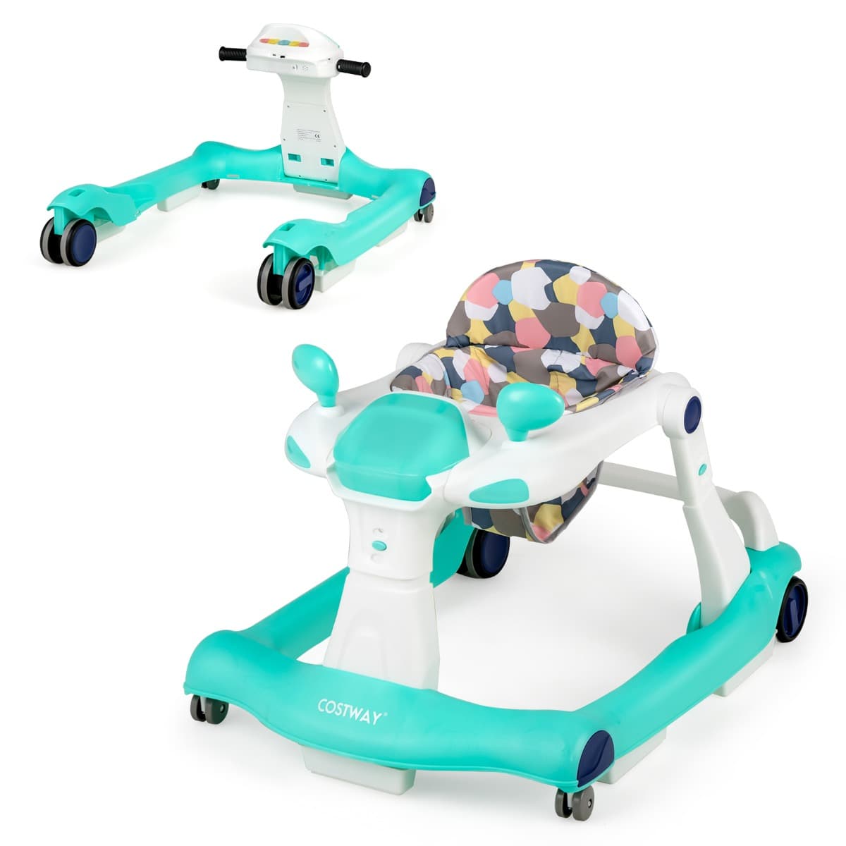 CostwayTrotteur Bébé Pliable 2 en 1 Hauteur et Vitesse Réglables Effet Sonore avec Lumières Coussin de Siège Lavable 6 à 18 Mois Vert