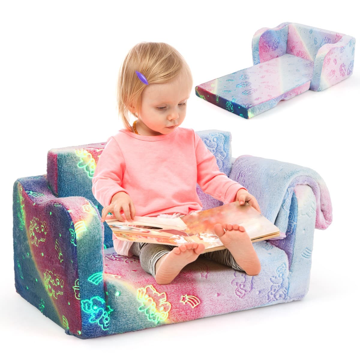 CostwayCanapé pour Enfants avec Couverture Canapé et Chaise Longue Pliable Fauteuil Phosphorescent pour 3+ Ans Dinosaure Licorne Arc-En-Ciel