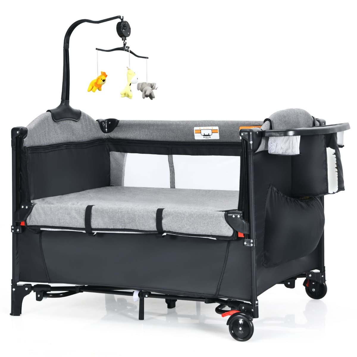 CostwayLit Parapluie Bébé Pliant 5 en 1 avec Matelas Table à Langer Boîte à Musique 3 Jouets 4 Hauteurs d'Accoudoir Réglables Noir