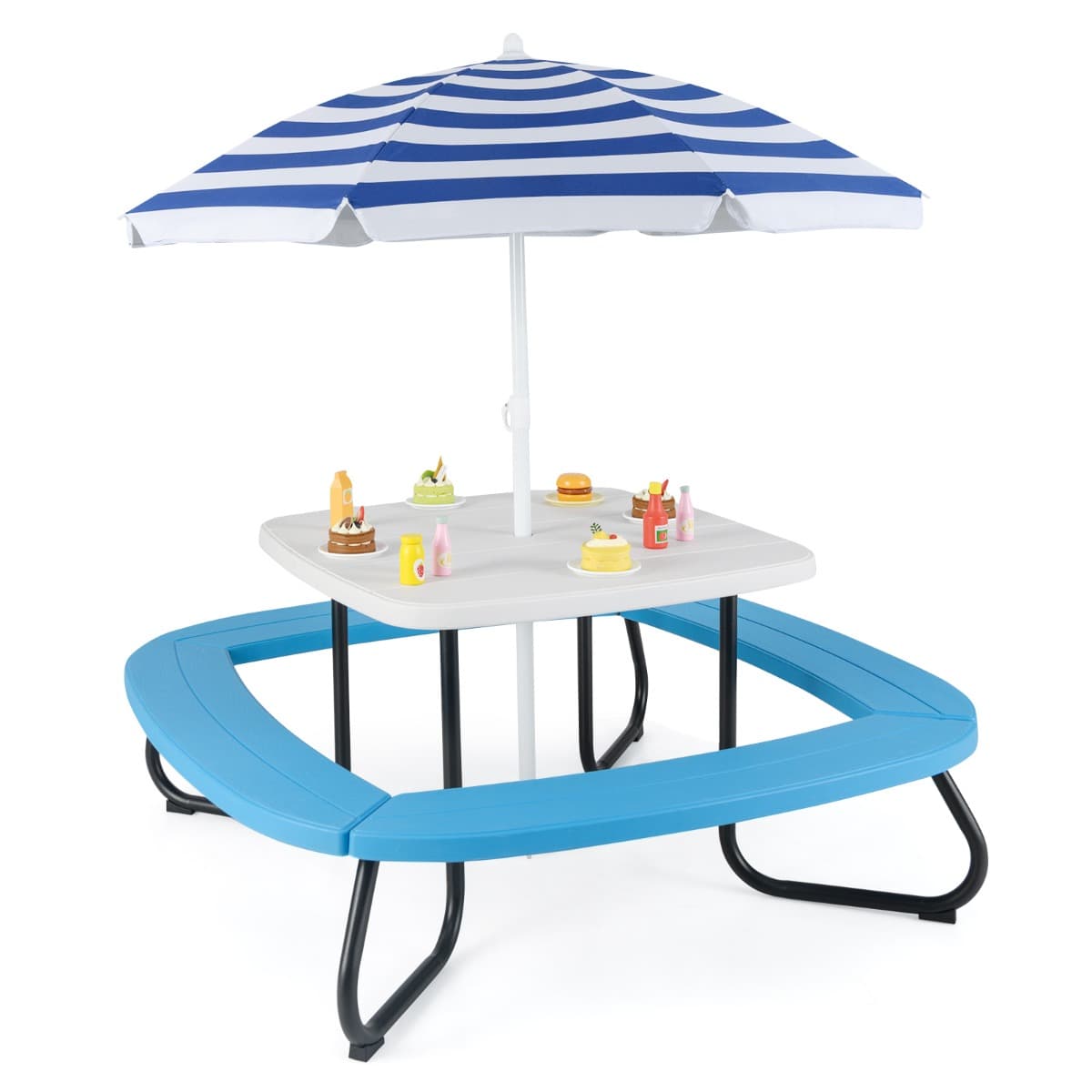 CostwayTable de Pique-Nique pour Enfants Table d'Activité Extérieure avec Parasol Réglable et Pliable 4 Bancs Intégrés pour 3+ Ans Blanc